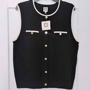 NWT L Anne Klein Black Cable Knit Sleeveless Gold Button Sweater Vest NEW